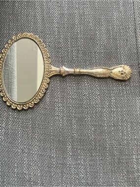 Vintage Double Sided Ornate French Gilded Hand Mirror 9 1/4" Tall